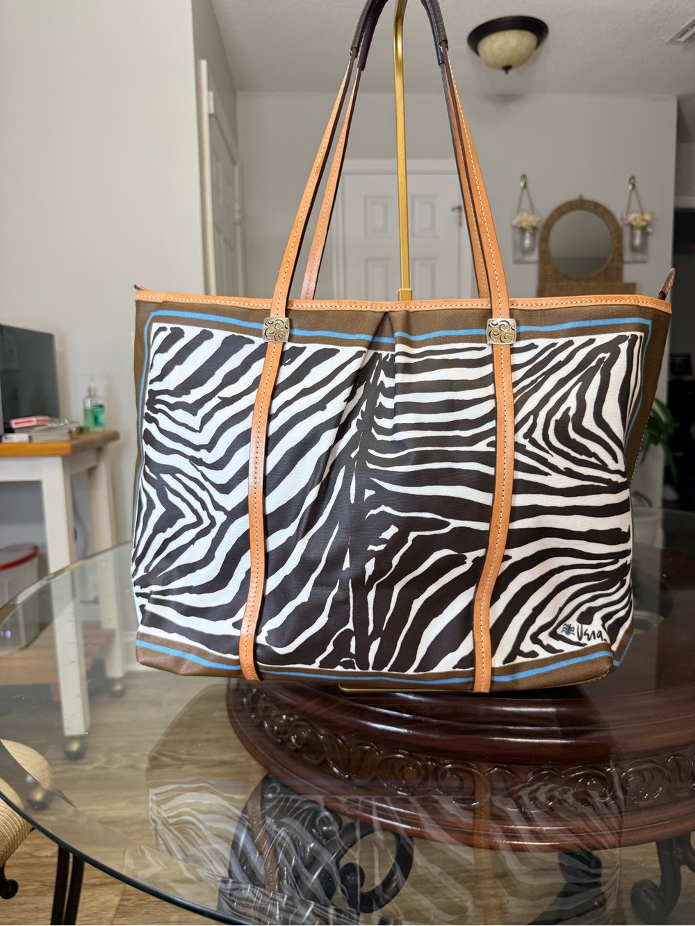 Brighton and Vera Neumann collab Zebra-Print Tote with Tan Trim and Blue Accent
